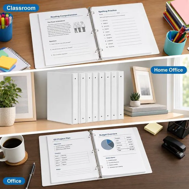 Alt view image 2 of 7 - Durable 1 inch 3-Ring Binder, 1" Round Ring Binders with 2 Inside Pockets, Basic 1 in Binders, PVC- Free, Clear View Cover 1-inch-Binder Holds 8.5'' x 11''Paper for Office/School/Home12 Pack, White