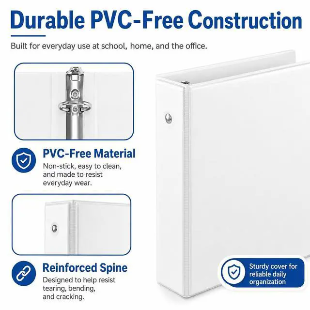 Alt view image 4 of 7 - Durable 1 inch 3-Ring Binder, 1" Round Ring Binders with 2 Inside Pockets, Basic 1 in Binders, PVC- Free, Clear View Cover 1-inch-Binder Holds 8.5'' x 11''Paper for Office/School/Home12 Pack, White