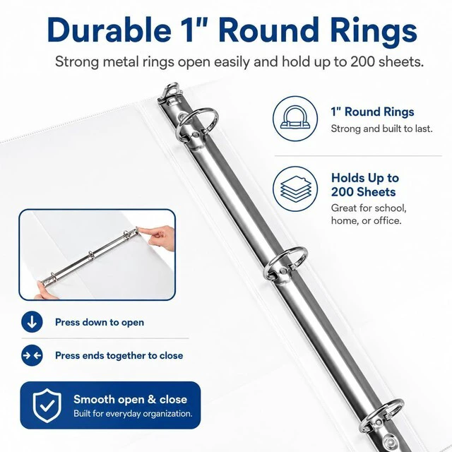Alt view image 5 of 7 - Durable 1 inch 3-Ring Binder, 1" Round Ring Binders with 2 Inside Pockets, Basic 1 in Binders, PVC- Free, Clear View Cover 1-inch-Binder Holds 8.5'' x 11''Paper for Office/School/Home12 Pack, White