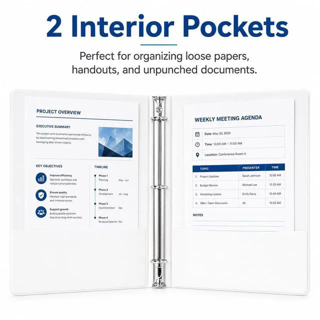 Alt view image 7 of 7 - Durable 1 inch 3-Ring Binder, 1" Round Ring Binders with 2 Inside Pockets, Basic 1 in Binders, PVC- Free, Clear View Cover 1-inch-Binder Holds 8.5'' x 11''Paper for Office/School/Home12 Pack, White