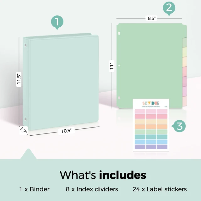 Alt view image 2 of 7 - 1 Inch 3 Ring Binder with 8 Tab Dividers & 24 Labels, Pastel Binder Organizer for Letter Size Paper, Aesthetic School Binder for Notes, Documents, Office & Home Organization, Green