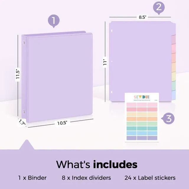 Alt view image 2 of 7 - 1 Inch 3 Ring Binder with 8 Tab Dividers & 24 Labels, Pastel Binder Organizer for Letter Size Paper, Aesthetic School Binder for Notes, Documents, Office & Home Organization, Purple