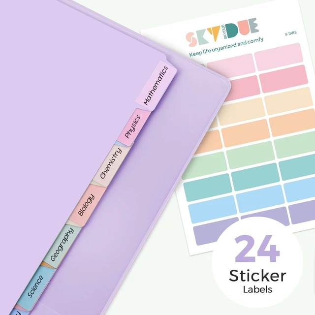 Alt view image 6 of 7 - 1 Inch 3 Ring Binder with 8 Tab Dividers & 24 Labels, Pastel Binder Organizer for Letter Size Paper, Aesthetic School Binder for Notes, Documents, Office & Home Organization, Purple
