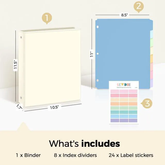 Alt view image 2 of 7 - 1 Inch 3 Ring Binder with 8 Tab Dividers & 24 Labels, Pastel Binder Organizer for Letter Size Paper, Aesthetic School Binder for Notes, Documents, Office & Home Organization, Pearl White
