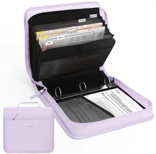 Main image of Zipper Binder with Handle, 1.5 Inch O-Ring, 325 Pages Capacity, with 5-Tab Expanding File Folder for Classified Storage, Small Size Lightweight Zipper Bag for Middle School Students, Lavender Purple