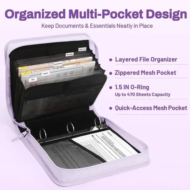 Alt view image 4 of 7 - Zipper Binder with Handle, 1.5 Inch O-Ring, 325 Pages Capacity, with 5-Tab Expanding File Folder for Classified Storage, Small Size Lightweight Zipper Bag for Middle School Students, Lavender Purple