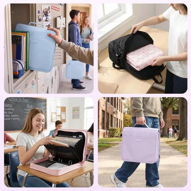 Alt view image 7 of 7 - Zipper Binder with Handle, 1.5 Inch O-Ring, 325 Pages Capacity, with 5-Tab Expanding File Folder for Classified Storage, Small Size Lightweight Zipper Bag for Middle School Students, Lavender Purple