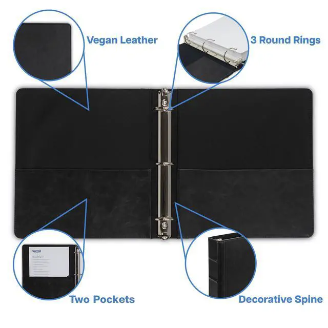 Alt view image 2 of 6 - Vintage Faux Leather 3 Ring Binder, 1.5 Inch Round Ring, Full Size Binder for 8.5 x 11 Letter Size Paper, Professional Organizer with Interior Pockets, No Zipper, Black