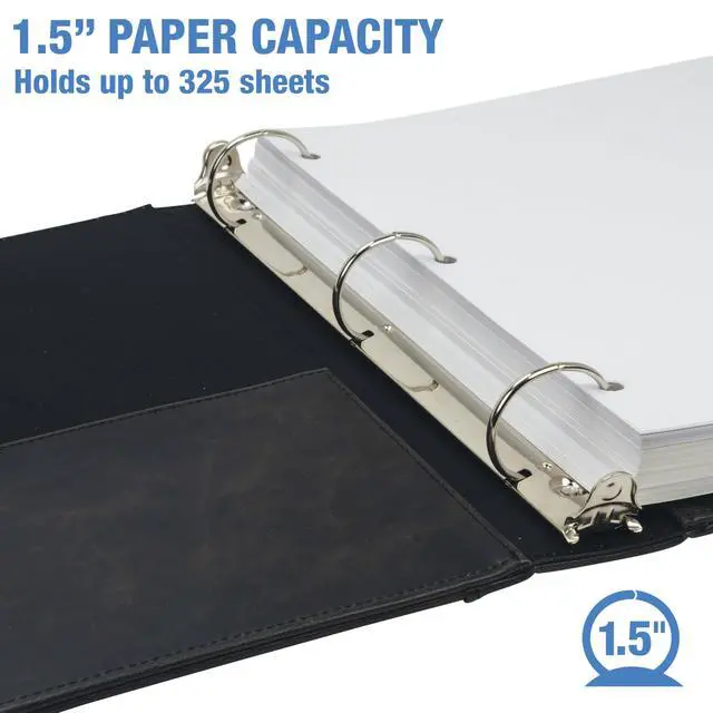 Alt view image 3 of 6 - Vintage Faux Leather 3 Ring Binder, 1.5 Inch Round Ring, Full Size Binder for 8.5 x 11 Letter Size Paper, Professional Organizer with Interior Pockets, No Zipper, Black