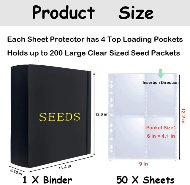 Alt view image 2 of 7 - Extra Large Seed Storage Organizer Binder, 3 Ring Seed Packet Organizer with 200 Pockets(50 Pack Clear Sheet Protectors), Garden Seed Holder Book for Envelopes, Seed Saving Keeper, Black