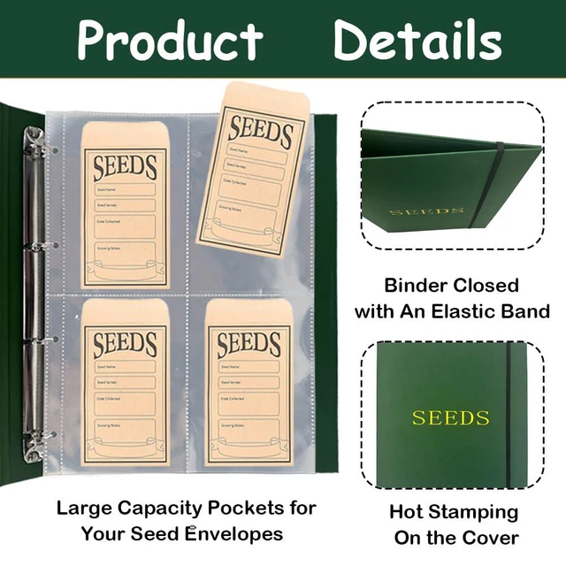 Alt view image 3 of 7 - Extra Large Seed Storage Organizer Binder,3 Ring Seed Packet Organizer with 200 Pockets(50 Pack Clear Sheet Protectors), Garden Seed Holder Book for Envelopes, Seed Saving Keeper, Green