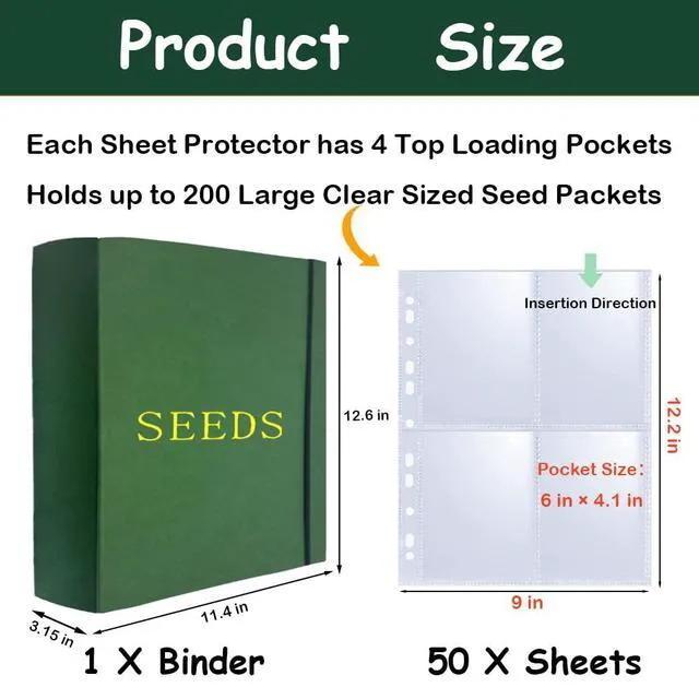 Alt view image 2 of 7 - Extra Large Seed Storage Organizer Binder,3 Ring Seed Packet Organizer with 200 Pockets(50 Pack Clear Sheet Protectors), Garden Seed Holder Book for Envelopes, Seed Saving Keeper, Green