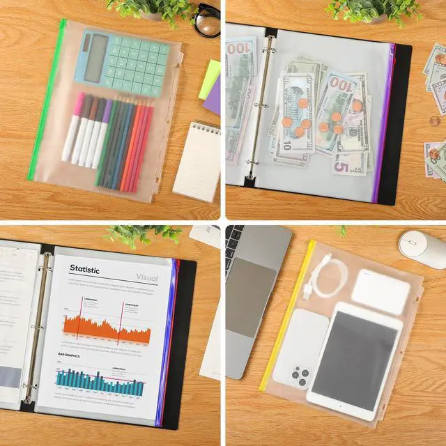 Alt view image 6 of 7 - 24 Pack Binder Pockets, 8.5 x 11 Colored Zipper Pouches for Binders Thickened PVC Document Folders, 3 Holes Pre-Punched Fits Standard Binder Letter-Size Paper Storage, Business Office Supplies