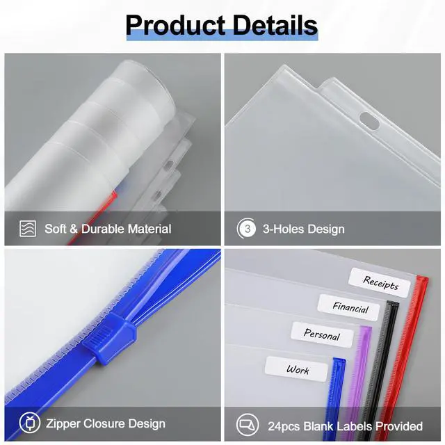 Alt view image 3 of 7 - 24 Pack Binder Pockets, 8.5 x 11 Colored Zipper Pouches for Binders Thickened PVC Document Folders, 3 Holes Pre-Punched Fits Standard Binder Letter-Size Paper Storage, Business Office Supplies