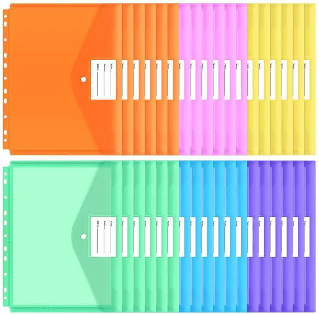 Main image of 30pcs Binder Sleeves, Binder Pockets for 3 Ring, Binder Folders, 11 Holes, Letter Size, Snap Button Pouch with Label for School, Home and Office