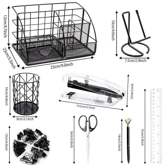 Alt view image 2 of 7 - Black Desk Organizers and Accessories Office Supplies Set Stapler, Pen Holder, Phone Holder, Scissors, Pen, Ruler, 30 Paper Clips, 22 Binder Clip, 20 Tacks and 1000pcs Staples