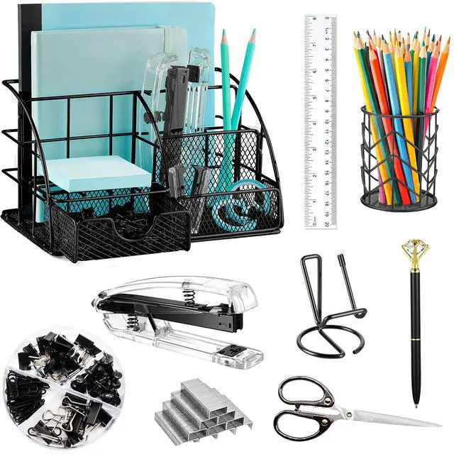 Main image of Black Desk Organizers and Accessories Office Supplies Set Stapler, Pen Holder, Phone Holder, Scissors, Pen, Ruler, 30 Paper Clips, 22 Binder Clip, 20 Tacks and 1000pcs Staples