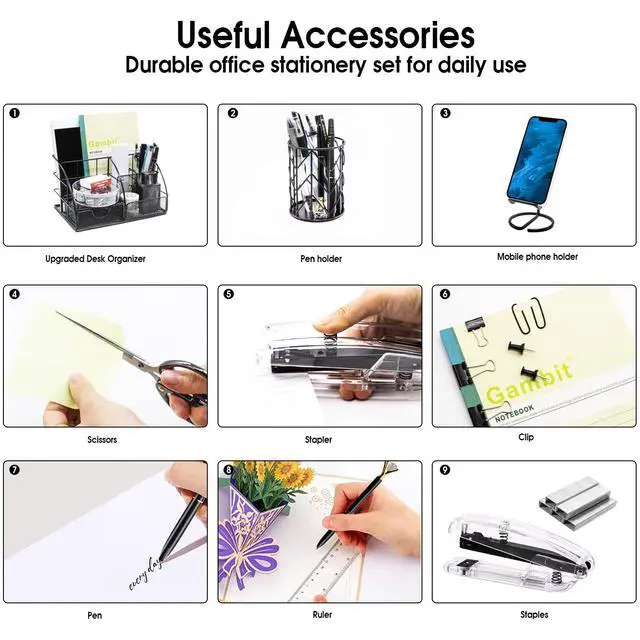 Alt view image 5 of 7 - Black Desk Organizers and Accessories Office Supplies Set Stapler, Pen Holder, Phone Holder, Scissors, Pen, Ruler, 30 Paper Clips, 22 Binder Clip, 20 Tacks and 1000pcs Staples