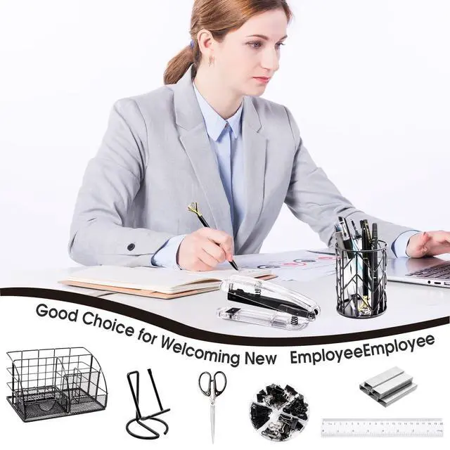 Alt view image 7 of 7 - Black Desk Organizers and Accessories Office Supplies Set Stapler, Pen Holder, Phone Holder, Scissors, Pen, Ruler, 30 Paper Clips, 22 Binder Clip, 20 Tacks and 1000pcs Staples