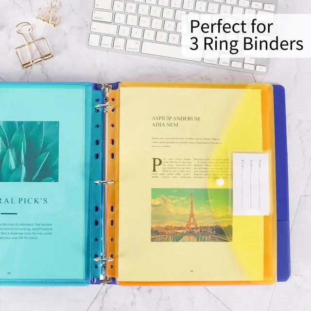 Alt view image 5 of 7 - 30pcs Binder Sleeves, Binder Pockets for 3 Ring, Binder Folders, 11 Holes, Letter Size, Snap Button Pouch with Label for School, Home and Office