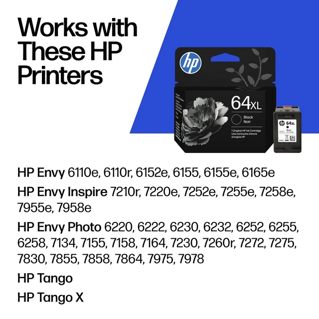 Alt view image 2 of 7 - 64XL Black High-Yield Ink Cartridge | Works with Envy Inspire 7250e, 7950e; Envy Photo 6200, 7100, 7200, 7800, 7900; Tango Series | Eligible for Instant Ink | N9J92AN