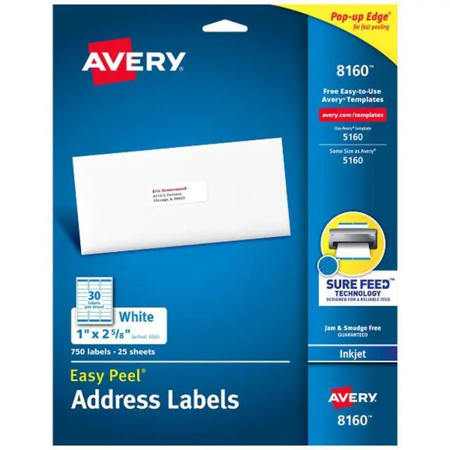 Main image of Easy Peel Printable Address Labels, Sure Feed Technology, 1" x 2-5/8" Customizable Stickers, White, 750 Blank Mailing Labels, Great for Mailing, Shipping, and More (8160)