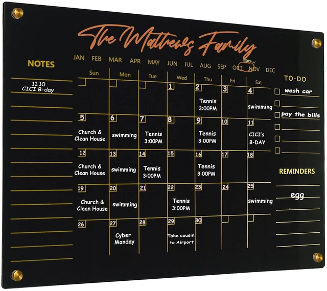 Main image of Black Acrylic Calendar Dry Erase for Wall, Family Planner, Monthly Calendar Dry Erase Whiteboard for Home, Office, 24" x 16"Reusable White Board(Acrylic-BK-4060)
