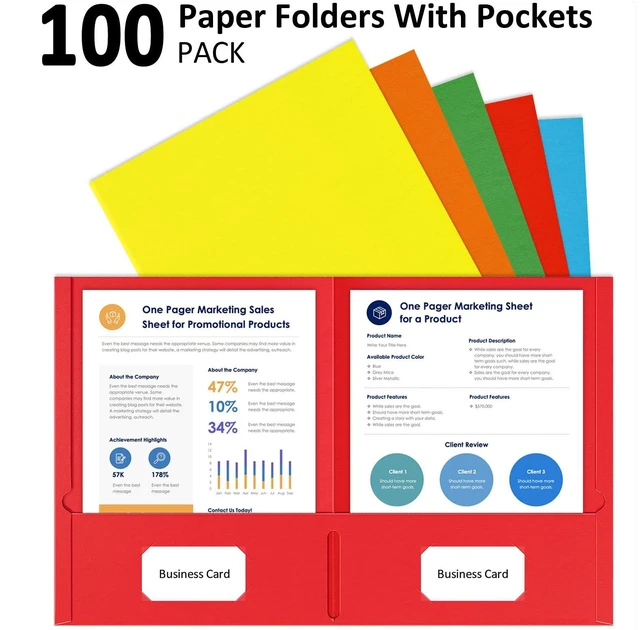 Alt view image 5 of 7 - 2 Pocket Folders, 100 Pack, Paper File Folders with Pockets, 5 Colors Two Pocket Folders, Fit Letter Size Paper, Colored, for School, Office, Home, Business