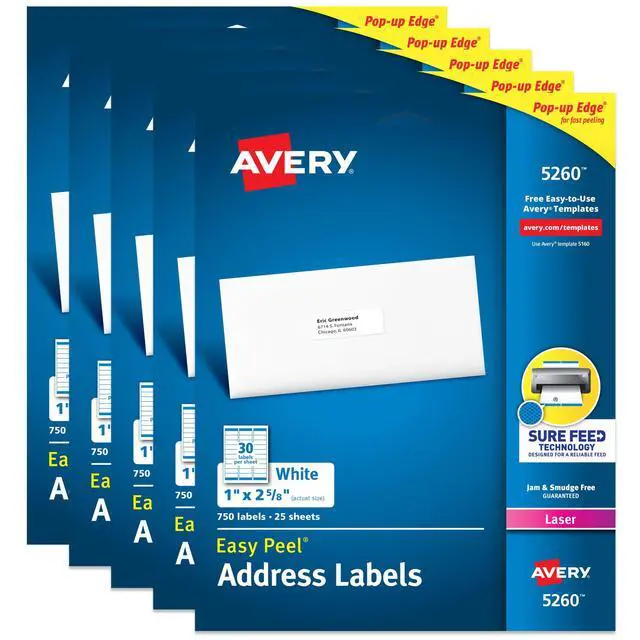 Main image of ® Easy Peel® Printable Address Labels, Sure Feed® Technology, 1" x 2-5/8" Customizable Stickers, White, 3,750 Blank Mailing Labels, Great for Mailing, Shipping, and More (5-Pack of 5260)