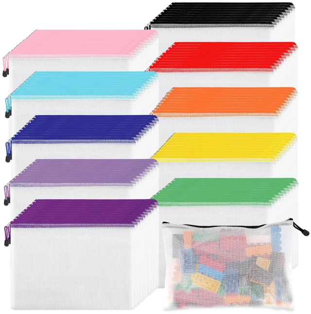 Main image of 100pcs Mesh Zipper Pouch, A4 Size, 10 Colors Zipper Bags for Organizing Storage, Waterproof Puzzle Bag, Zipper File Bags for Board Games and School Office Supplies