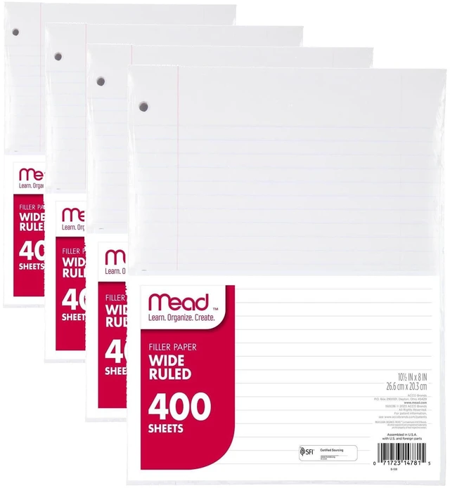 Main image of Loose Leaf Paper,Wide Ruled Filler Notebook Paper,8" x 10-1/2",400 Sheets,Fits 3-Ring Binder (150036-ECM),(Pack of 4)
