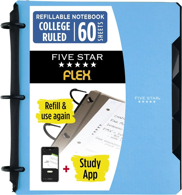 Main image of Flex Refillable Notebook + Study App, College Ruled Paper and 1 Inch TechLock Ring Binder with Pockets, Tabs and Dividers, 200 Sheet Capacity, Pacific Blue (293280AD2), (Pack of 6)