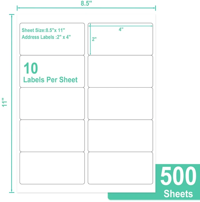 Alt view image 2 of 6 - 2"x4" Bulk Printable White Label Stickers 5000 Labels 500 Sheets Matte, strong Adhesive, laser/inkjet compatible, 10 per sheet, for shipping, address, product & barcode