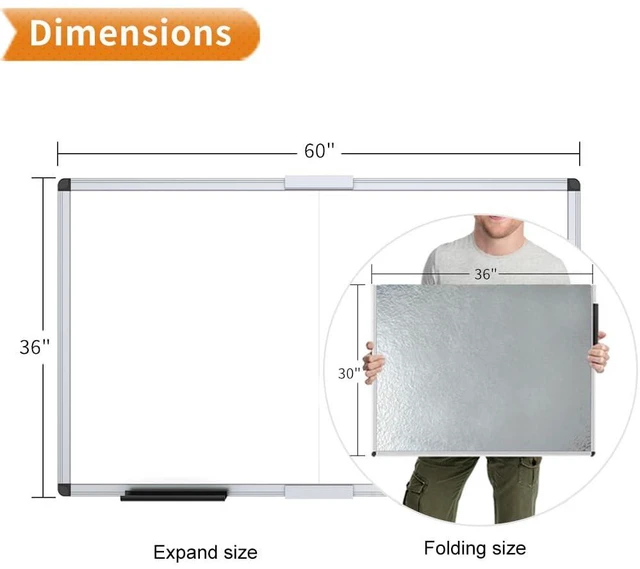 Alt view image 2 of 6 - Magnetic Dry Erase Board, 60 X 36 Inches, Foldable Wall-Mounted Whiteboard with Silver Aluminum Frame & Marker Tray for School Office and Home 5' X 3'