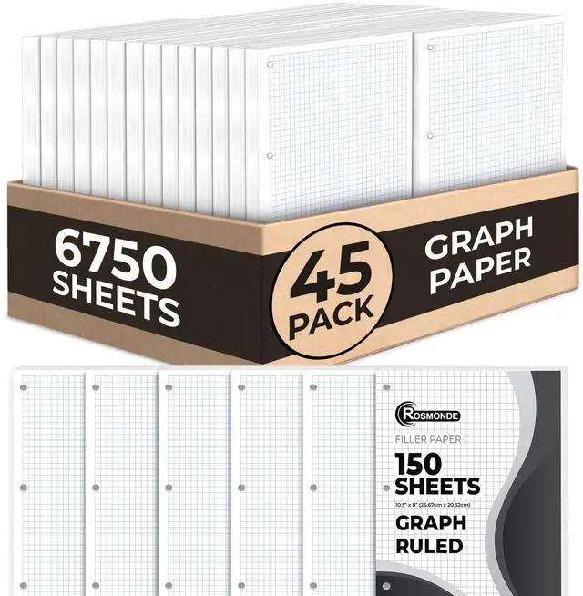 Main image of 6750 Sheets Loose Leaf Paper Bulk, 45 Pack, Graph Paper Bulk Bulk Grid Paper, 4x4, 8" x 10.5", Thick Graphing Paper, Fights Ink Bleed, 3 Hole Punched, Quad Ruled Sheets, Bulk Supplies