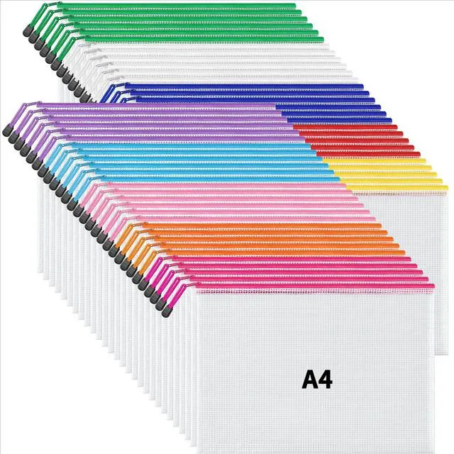 Main image of A4 Mesh Zipper Pouch Bags, 56 Pcs Waterproof Zipper Pouch Bags Multi-use Mesh Bags for Board Games & Puzzles, Office School Supplies, Toys, Cosmetics Travel Storage, 10 Colors, Lettle Size