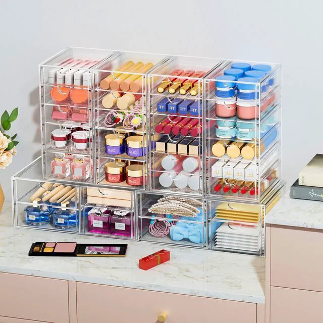 Alt view image 2 of 7 - Acrylic 2-Pack 7-Drawer Makeup & Storage Organizer for Bath,Desk Smooth-glide drawers, clear body, dustproof, wipe clean, for office supplies, pens, rings, earrings, tweezers, cotton swabs