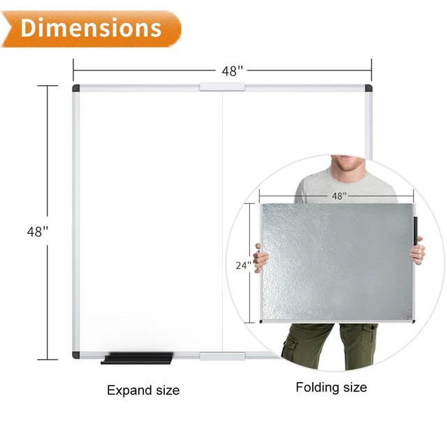 Alt view image 2 of 6 - Large Magnetic Dry Erase Whiteboard, 48 x 48 Inches, Foldable Silver Aluminum Frame, 4' x 4' Wall-Mounted White Board with Marker Tray for School Office and Home