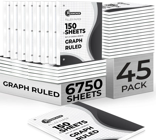 Main image of 6750 Sheets Graph Paper Bulk, 45 Pack, Bulk Quad Ruled Sheets Thick Graphing Paper, 4x4, 8" x 10.5", 3 Hole Punched, Fights Ink Bleed, Bulk Loose Leaf Paper, Bulk Office & School Supplies