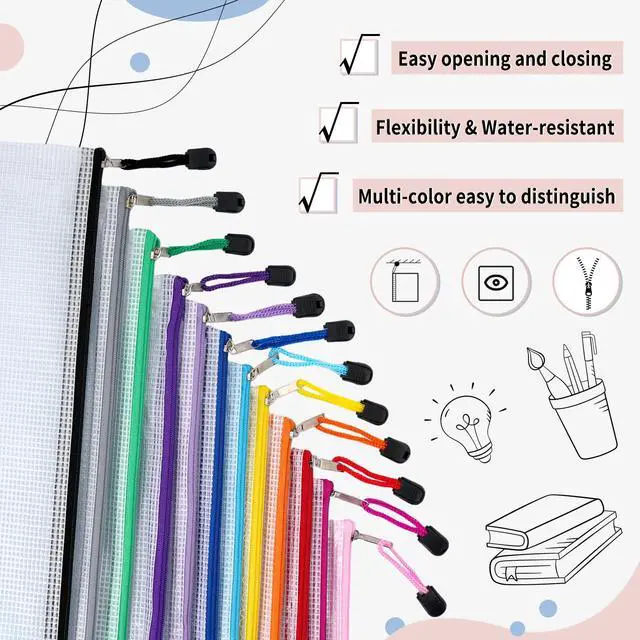 Alt view image 3 of 7 - 72pcs Mesh Zipper Pouch, A4 Size, 12 Colors Zipper Bags for Organizing Storage, Waterproof Puzzle Bag, Zipper File Bags for Board Games and School Office Supplies