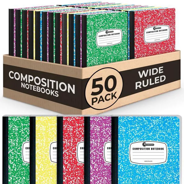 Main image of 50 Pack Bulk Composition Notebooks, Wide Ruled, Assorted Colors Bulk Color Marble Composition Journal, 200 Pages (100 Sheets), 9-3/4 x 7-1/2, Hard Cover, Bulk Notebooks for School & Office
