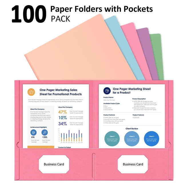 Alt view image 4 of 7 - Two Pocket Folders, 100 Pack, Pastel File Folders with Pockets, 5 Colors 2 Pocket Folders, Fit Letter Size Paper, Paper Folders, for School Office, Home, Business, Assorted Colors