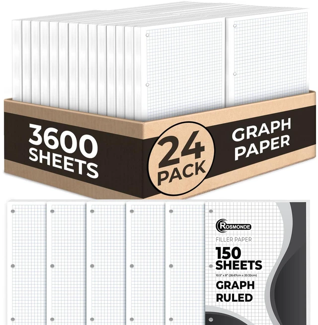 Main image of 3600 Sheets Loose Leaf Paper Bulk, 24 Pack, Graph Ruled Paper Bulk Quad Ruled Sheets, 8" x 10.5", Bulk Notebook Papers, 3 Hole Punched, Graph Ruled Filler Paper for Binders, 150 Sheets/Pack