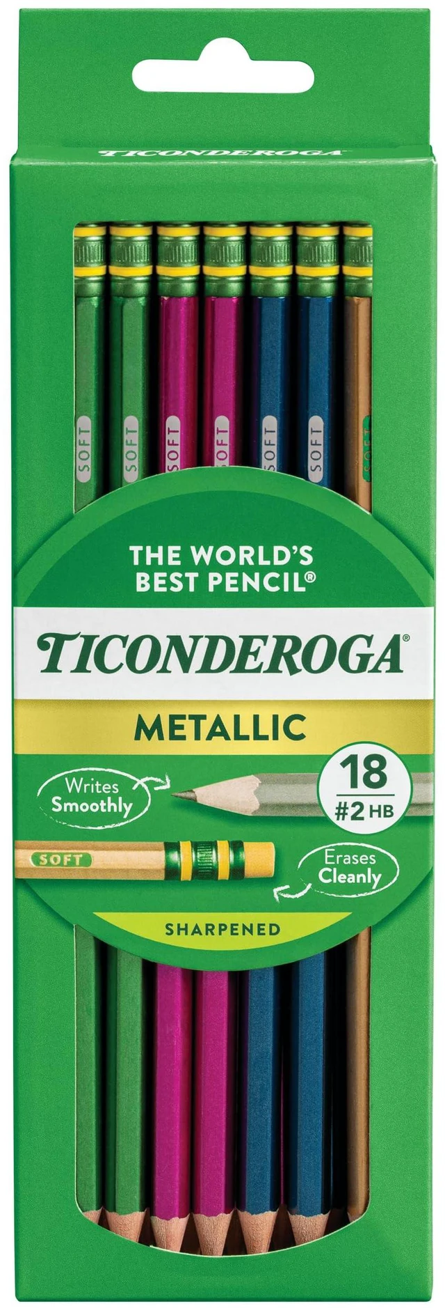 Main image of Wood-Cased Pencils, Pre-Sharpened #2 HB Soft, Metallic Colors, 18 Count, Standard Size, High Quality Eraser