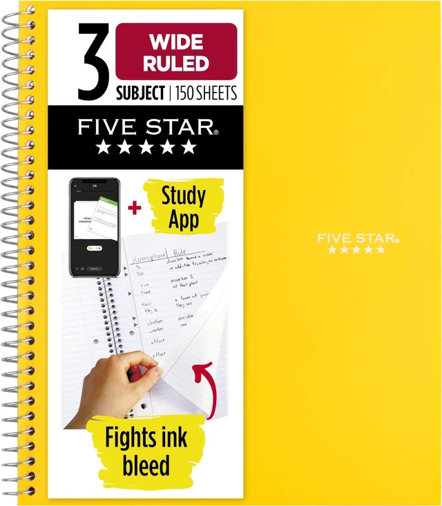Main image of Spiral Notebook + Study App, 3 Subject, Wide Ruled Paper, 8" x 10-1/2", 150 Sheets, Fights Ink Bleed, Water Resistant Cover, Harvest Yellow (73463) (Pack of 6)