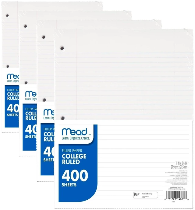 Main image of Loose Leaf Paper, College Ruled Filler Notebook Paper, 8-1/2" x 11", 400 Sheets, Fits 3-Ring Binder (170046-ECM) (Pack of 4)