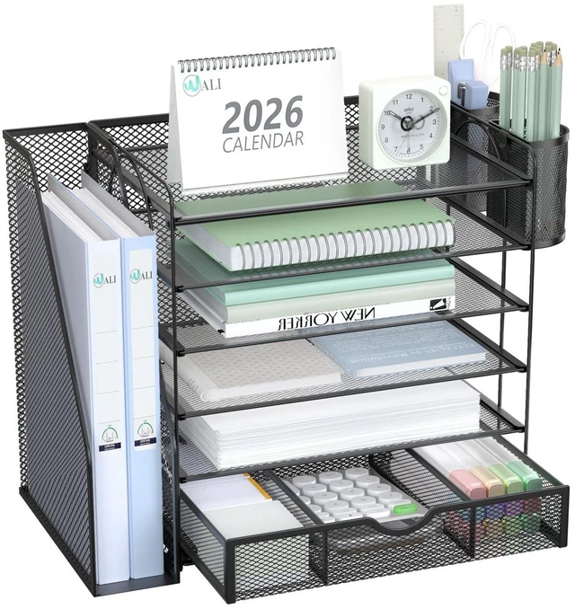 Main image of Desk File Organizer, 6 Tier Desktop Paper Letter Tray Organizer with Drawer and 2 Pen Holders, Office Desk Accessories & Workspace Organizers for Office, Home Supplies(DO007DH-B), 1 Pack, Black