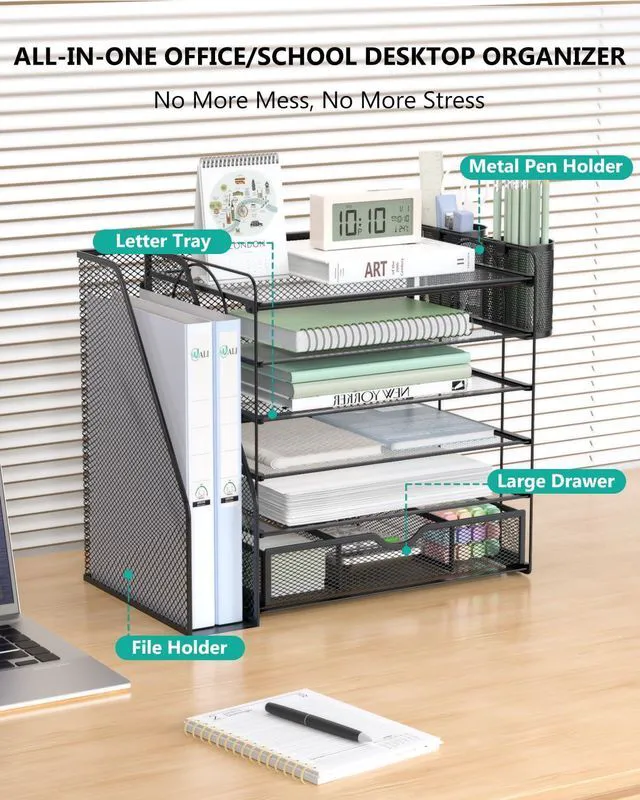 Alt view image 2 of 7 - Desk File Organizer, 6 Tier Desktop Paper Letter Tray Organizer with Drawer and 2 Pen Holders, Office Desk Accessories & Workspace Organizers for Office, Home Supplies(DO007DH-B), 1 Pack, Black