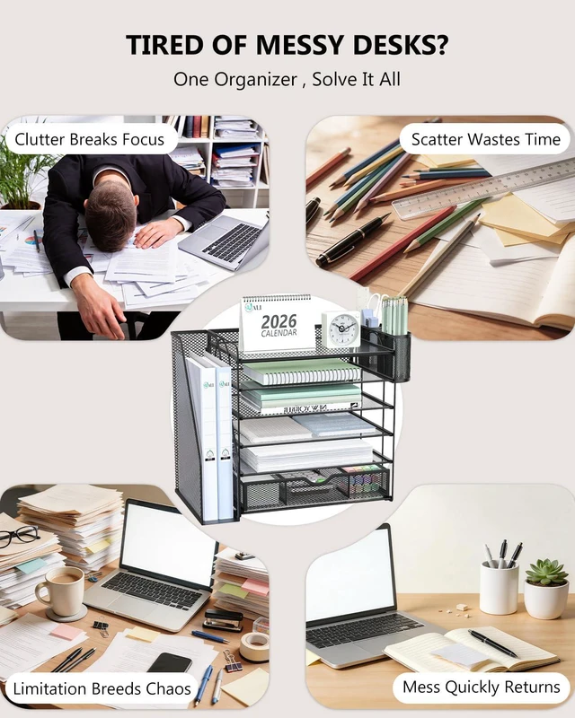 Alt view image 3 of 7 - Desk File Organizer, 6 Tier Desktop Paper Letter Tray Organizer with Drawer and 2 Pen Holders, Office Desk Accessories & Workspace Organizers for Office, Home Supplies(DO007DH-B), 1 Pack, Black