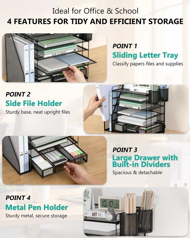 Alt view image 4 of 7 - Desk File Organizer, 6 Tier Desktop Paper Letter Tray Organizer with Drawer and 2 Pen Holders, Office Desk Accessories & Workspace Organizers for Office, Home Supplies(DO007DH-B), 1 Pack, Black